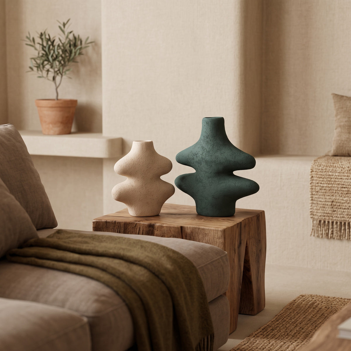 Fern Wave Ceramic Vase Duo