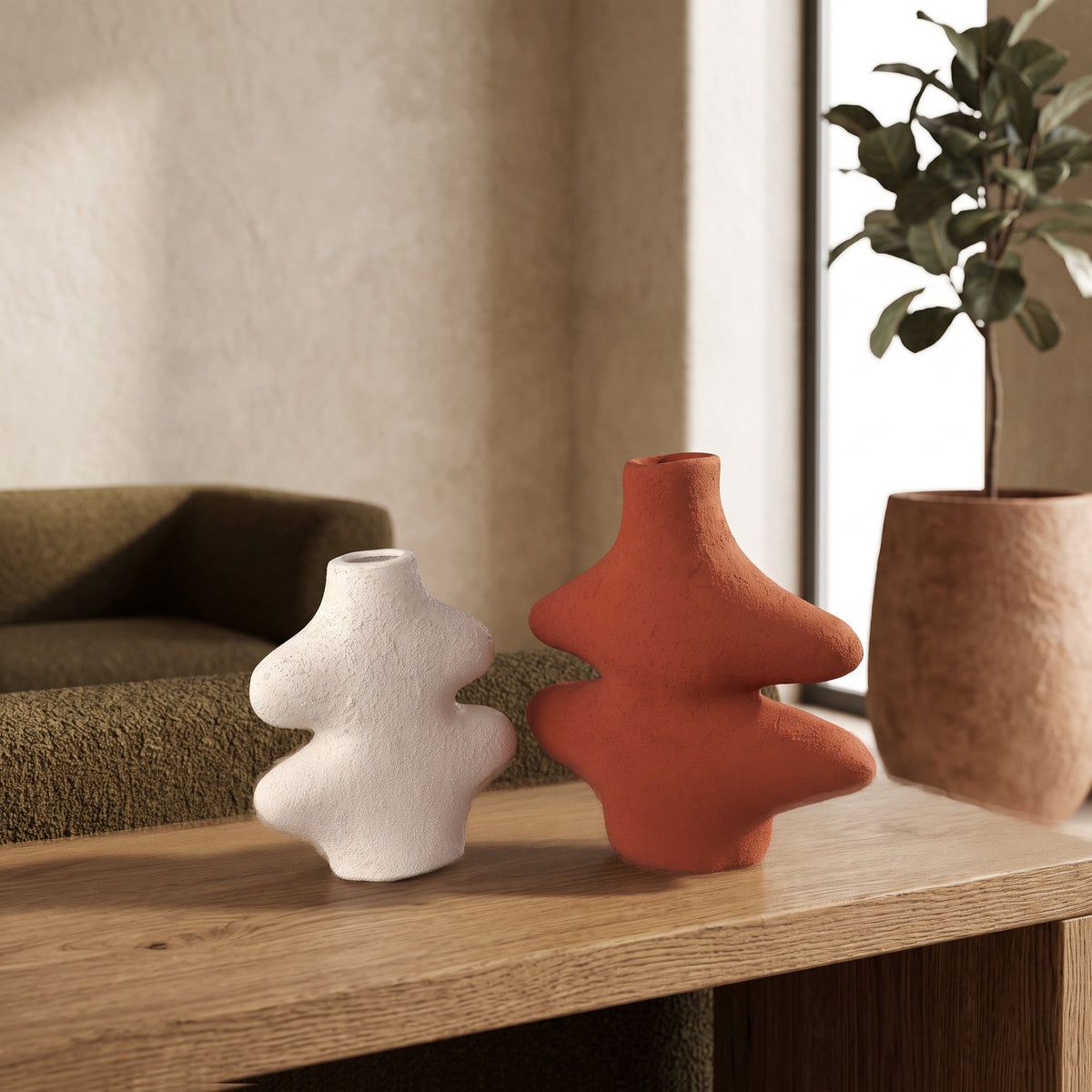 Fern Wave Ceramic Vase Duo